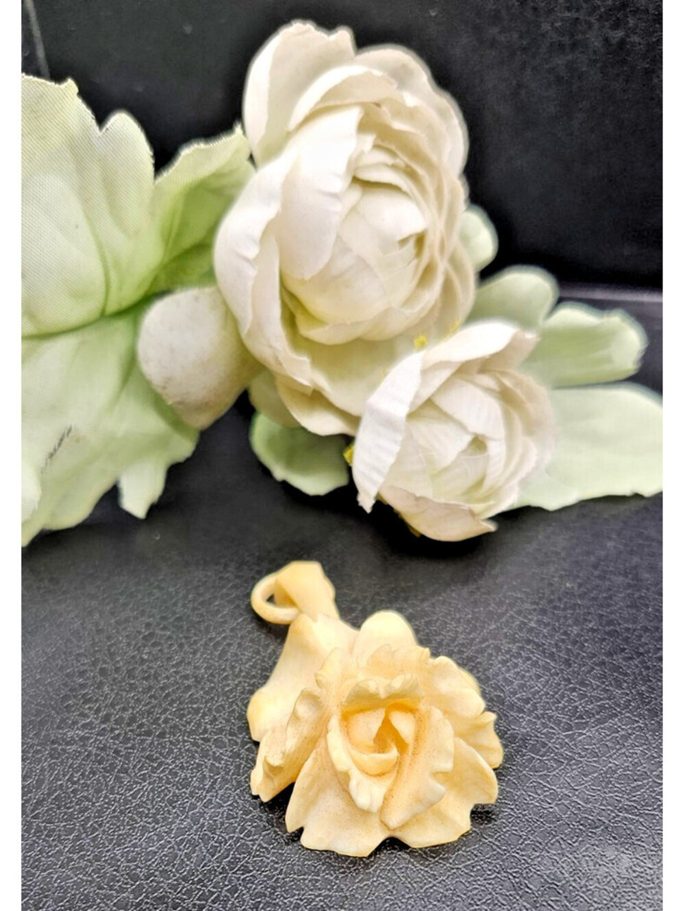 Vintage Carved Bone Rose Flower Pendant Cream White Floral Mid Century 1950s 2"